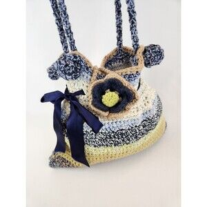 Funky Fun Handmade Crochet Knit Bag Large Purse Boho Hippie‎ Flowers Blue Beige